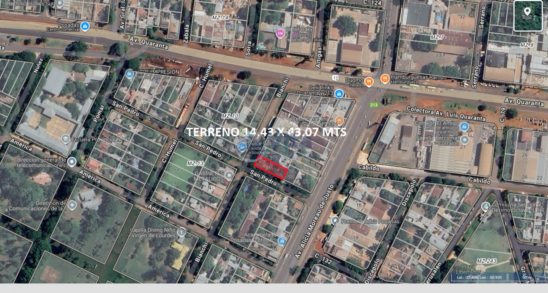 TERRENO EN VENTA  ESQUINA Z/AV. QUARANTA Y RUTA 213 